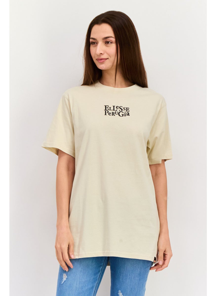 Women Crew Neck Short Sleeve Brand Logo T-Shirt, Beige