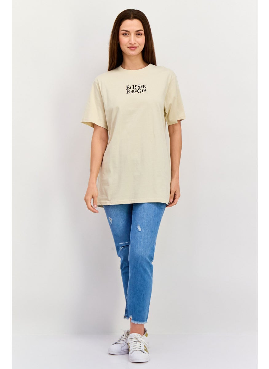Women Crew Neck Short Sleeve Brand Logo T-Shirt, Beige