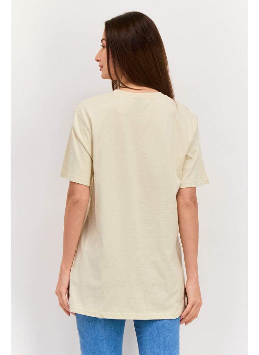 Women Crew Neck Short Sleeve Brand Logo T-Shirt, Beige
