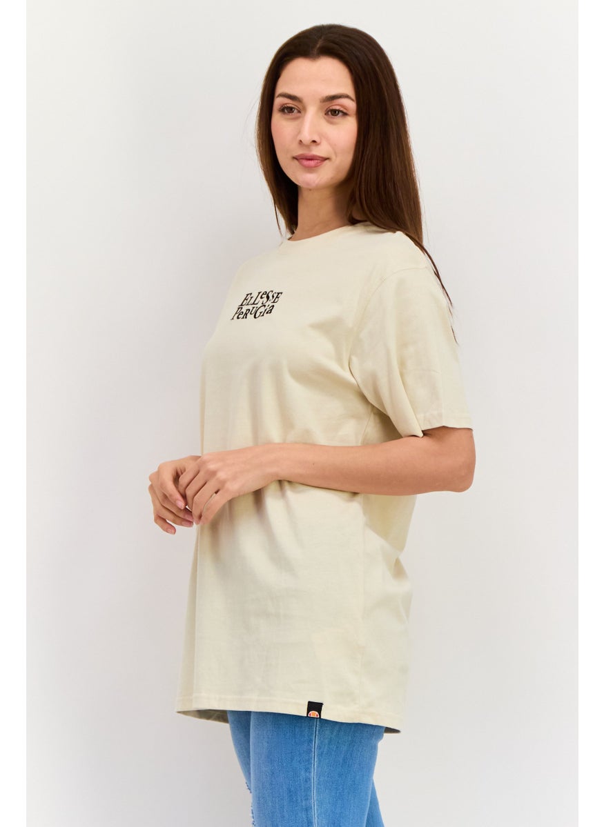 Women Crew Neck Short Sleeve Brand Logo T-Shirt, Beige