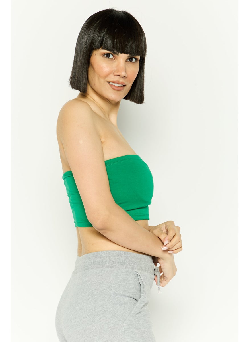 Women Graphic Print Strapless Top, Green