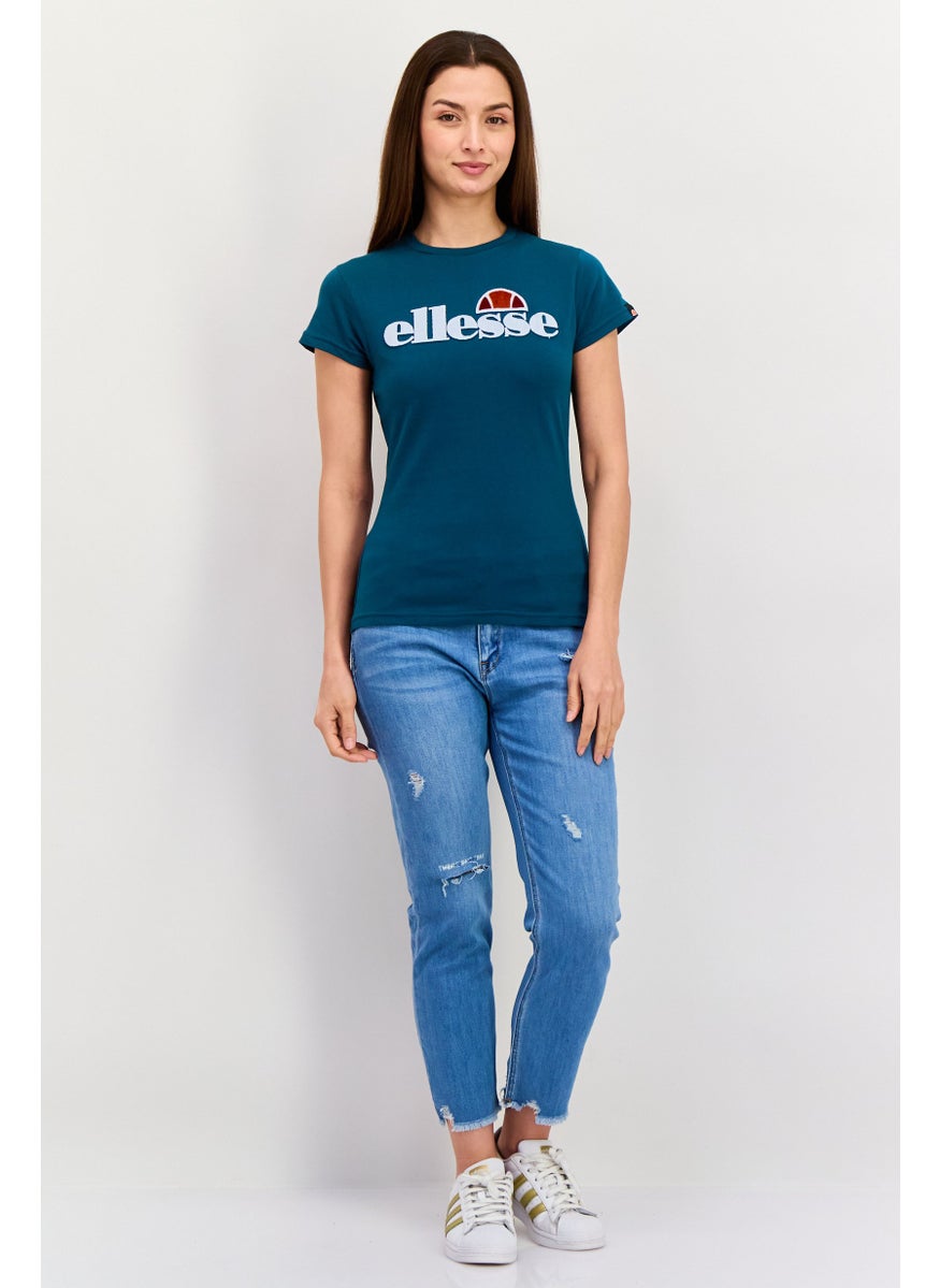 Women Crew Neck Short Sleeve Brand Logo T-Shirt, Teal Blue