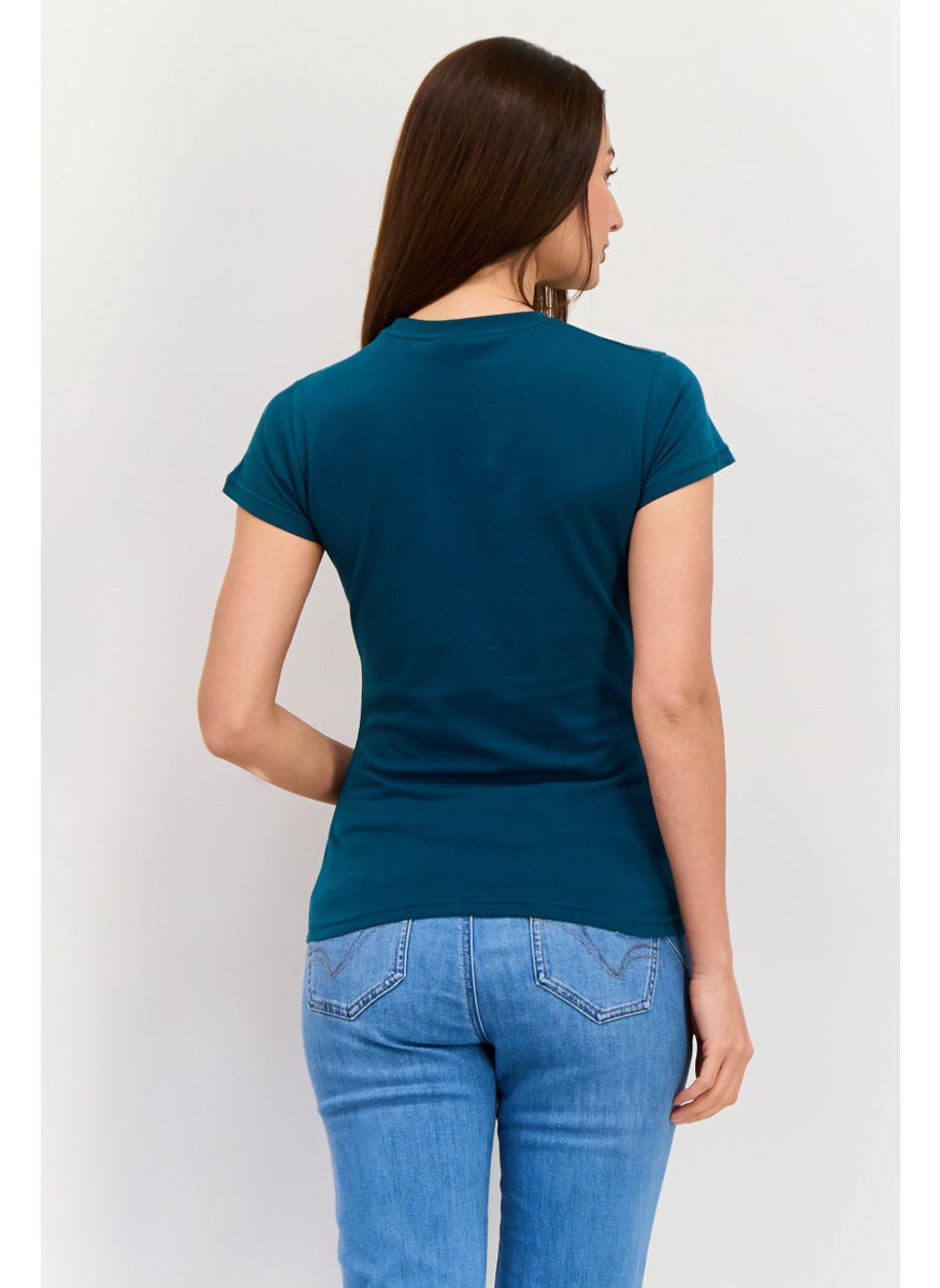 Women Crew Neck Short Sleeve Brand Logo T-Shirt, Teal Blue