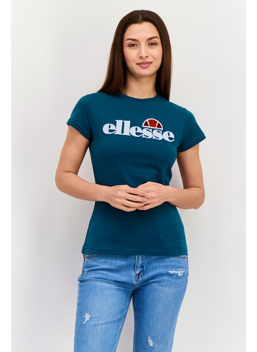 Women Crew Neck Short Sleeve Brand Logo T-Shirt, Teal Blue