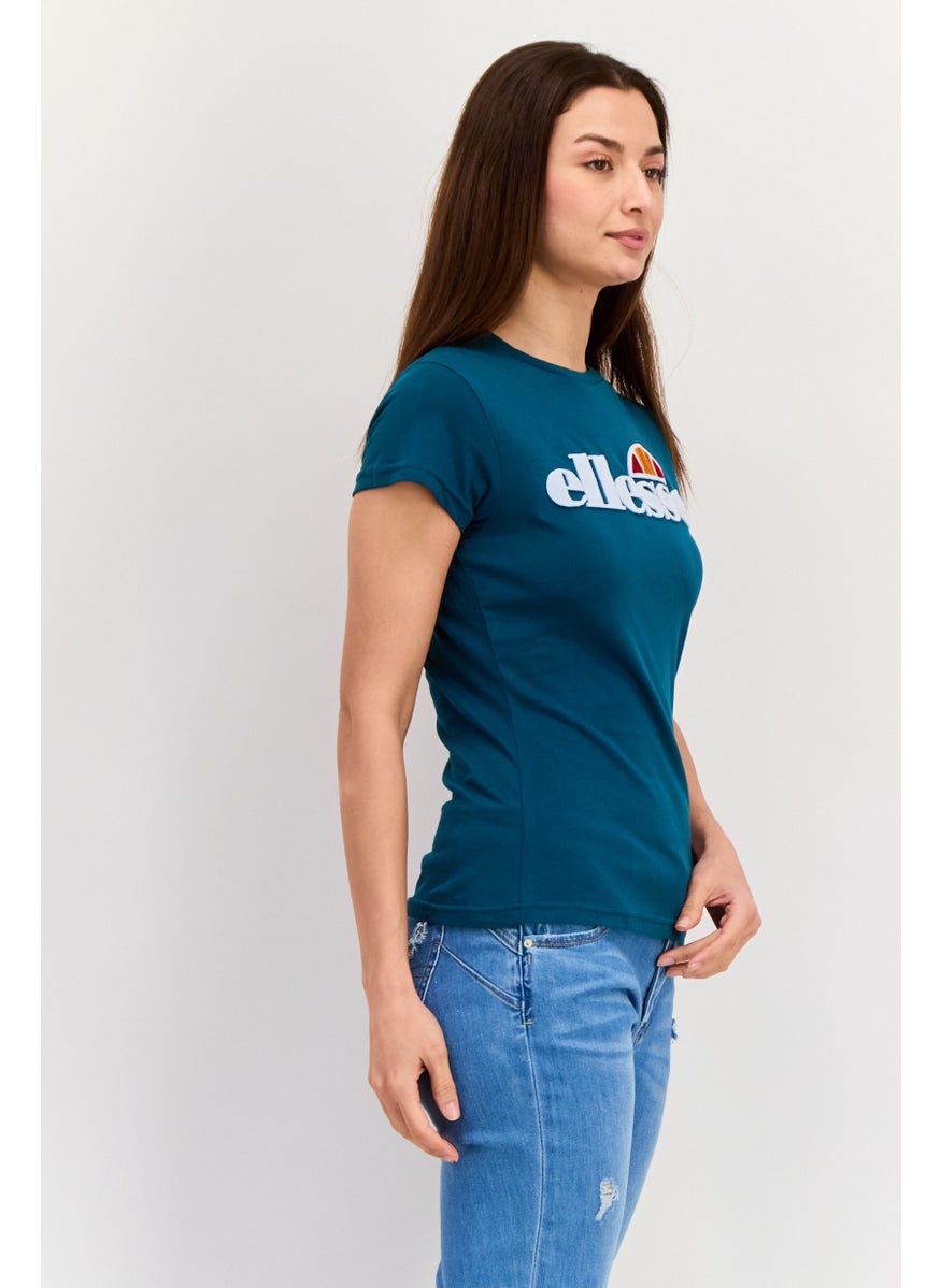 Women Crew Neck Short Sleeve Brand Logo T-Shirt, Teal Blue