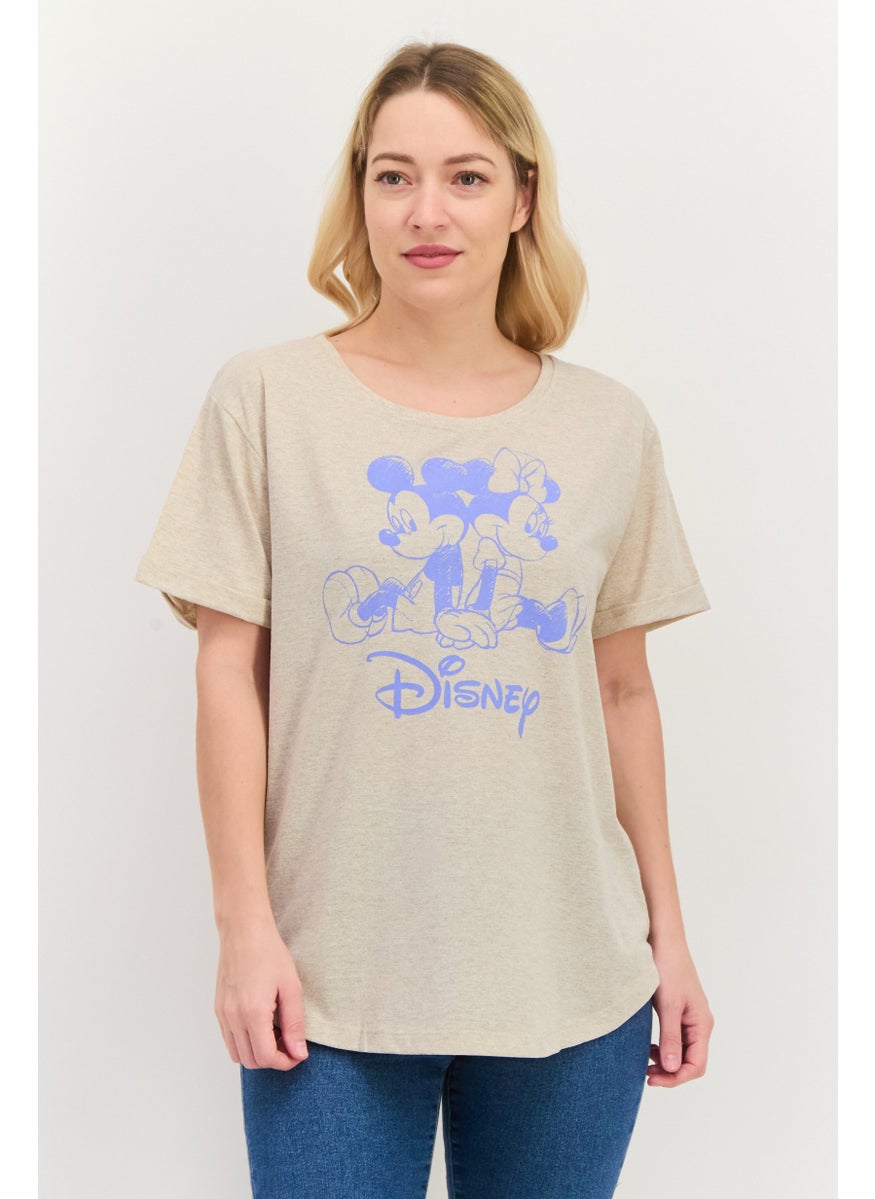 Women Round Neck Short Sleeve Graphic Print T Shirt, Beige
