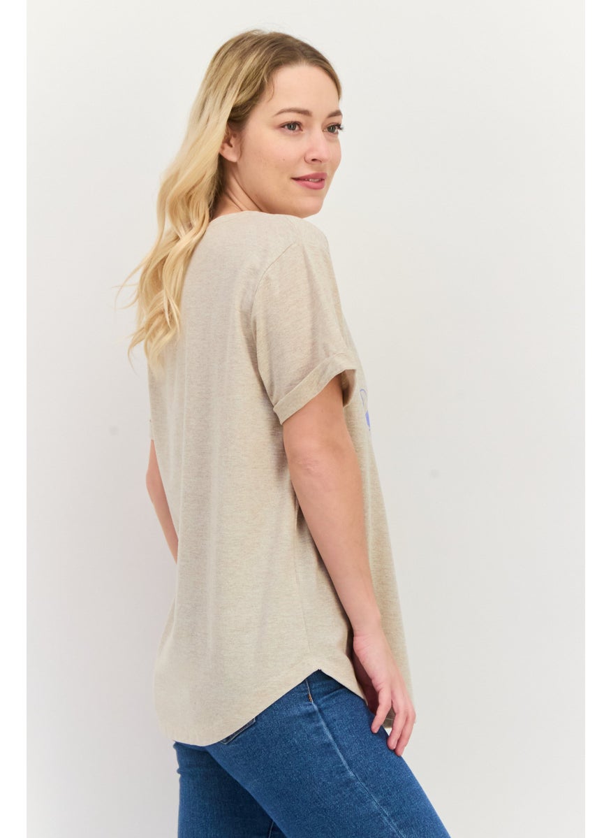 Women Round Neck Short Sleeve Graphic Print T Shirt, Beige