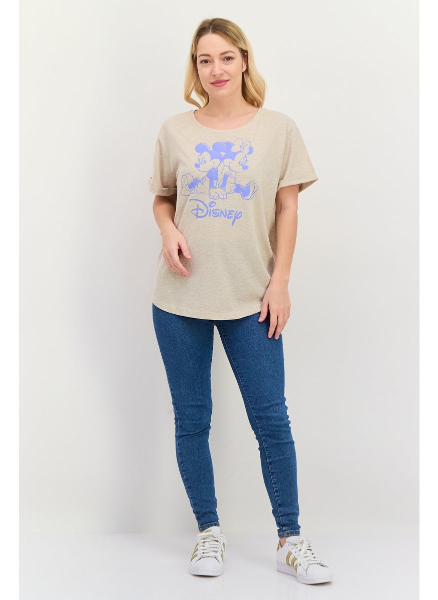 Women Round Neck Short Sleeve Graphic Print T Shirt, Beige