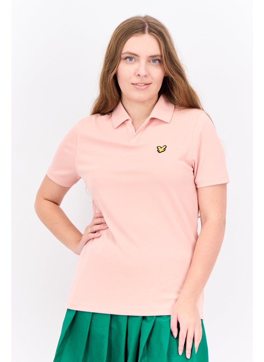 Women Regular Fit Brand Logo Short Sleeves Polo Shirt, Pink Sand
