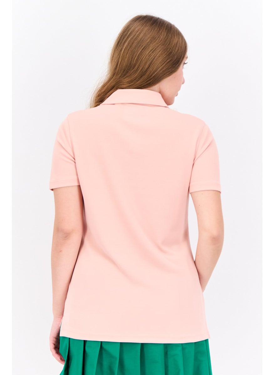 Women Regular Fit Brand Logo Short Sleeves Polo Shirt, Pink Sand