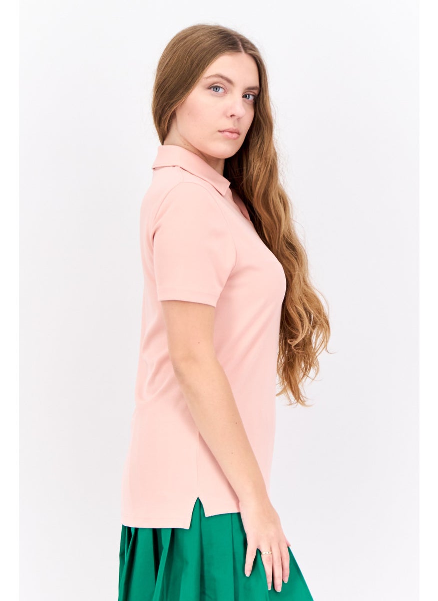 Women Regular Fit Brand Logo Short Sleeves Polo Shirt, Pink Sand