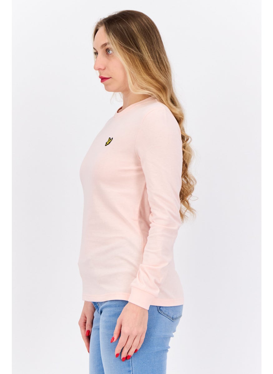 Women Crew Neck Long Sleeves Brand Logo T-Shirt, Light Pink