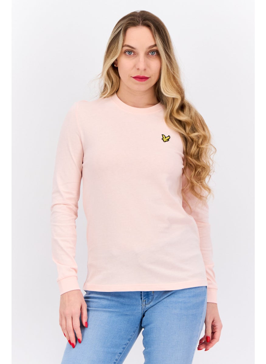 Women Crew Neck Long Sleeves Brand Logo T-Shirt, Light Pink