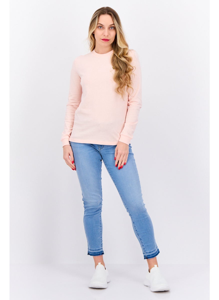 Women Crew Neck Long Sleeves Brand Logo T-Shirt, Light Pink