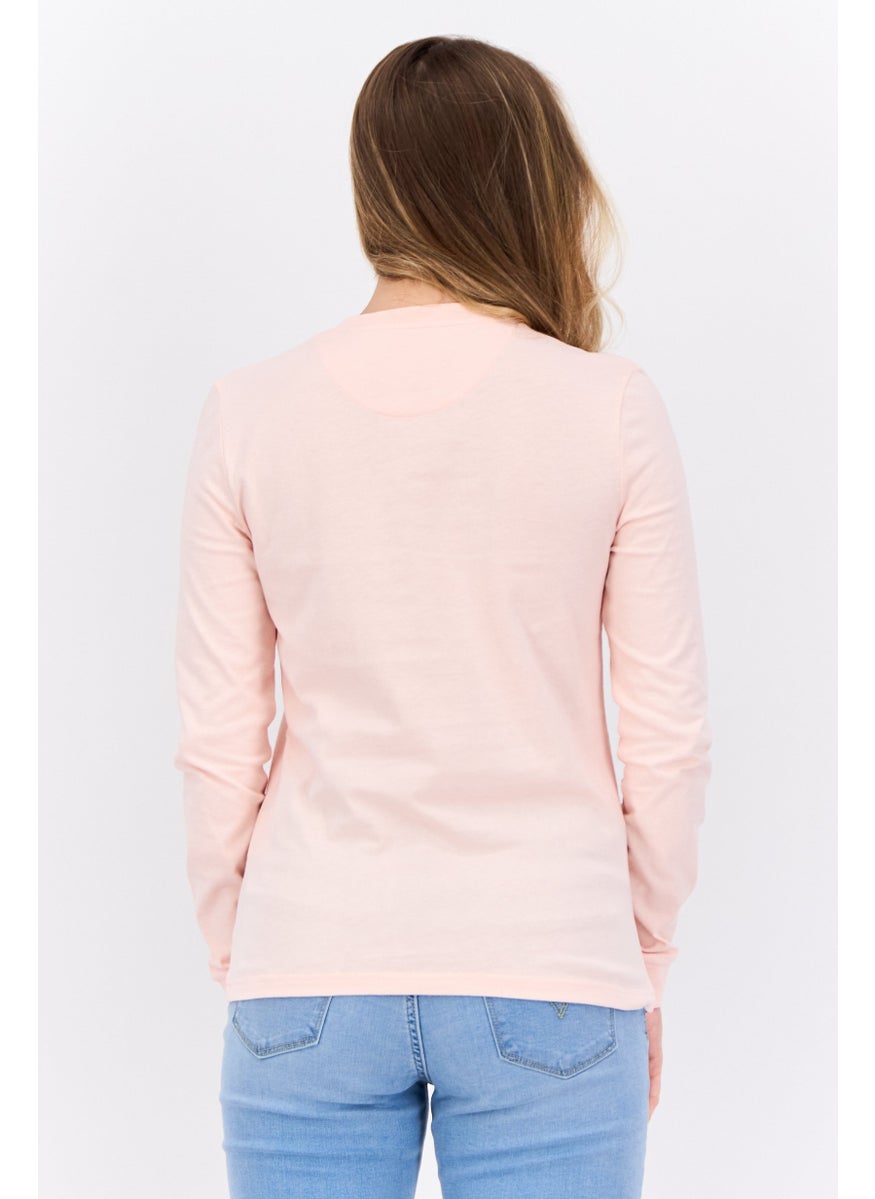 Women Crew Neck Long Sleeves Brand Logo T-Shirt, Light Pink