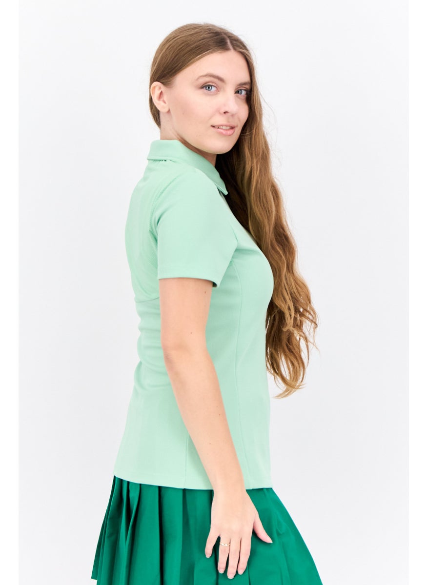 Women Regular Fit Textured Short Sleeves Polo Shirt, Mint Green