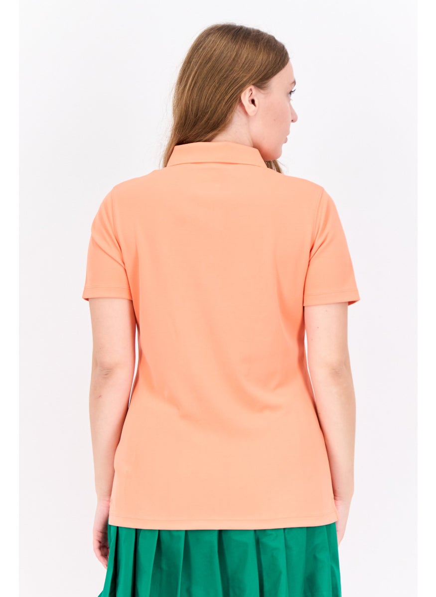 Women Regular Fit Embroidered Short Sleeve Polo Shirt, Coral