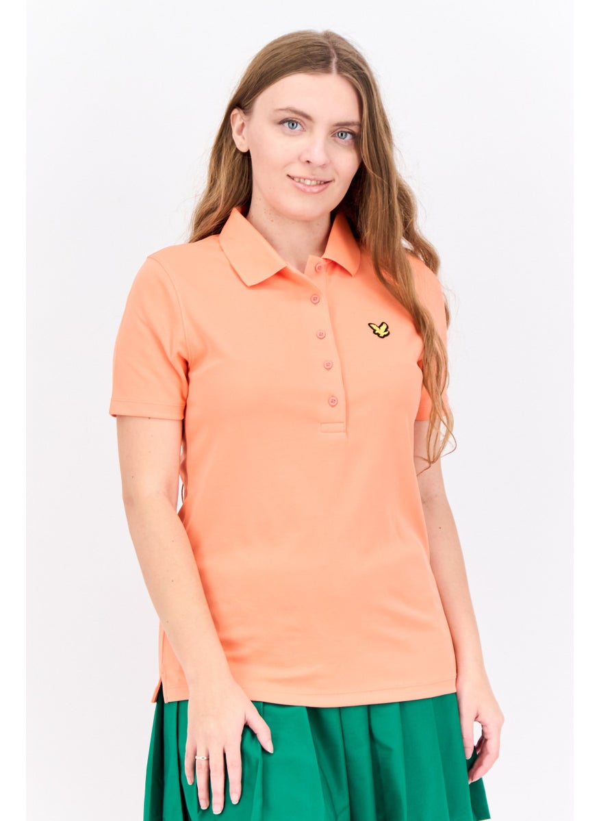 Women Regular Fit Embroidered Short Sleeve Polo Shirt, Coral
