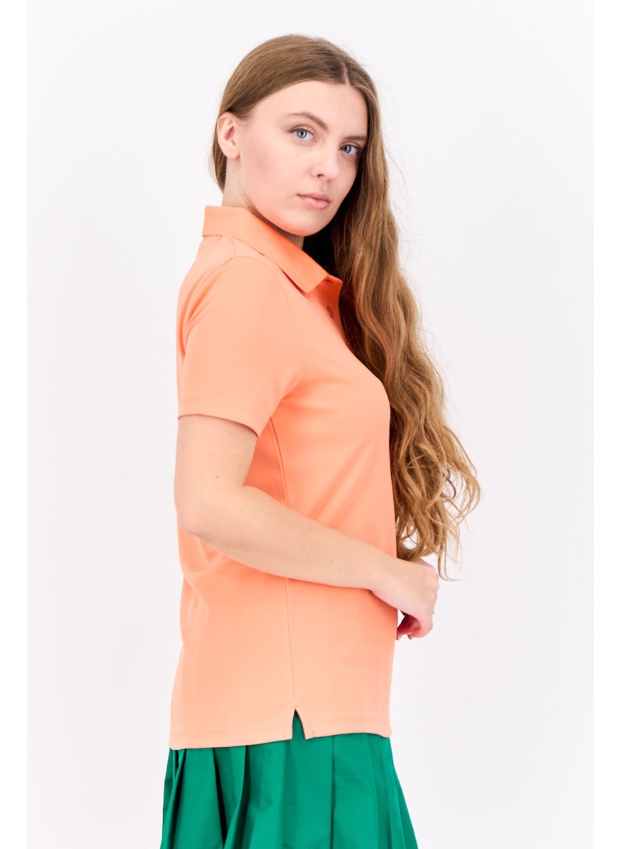 Women Regular Fit Embroidered Short Sleeve Polo Shirt, Coral