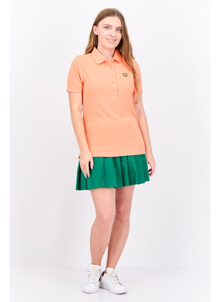 Women Regular Fit Embroidered Short Sleeve Polo Shirt, Coral