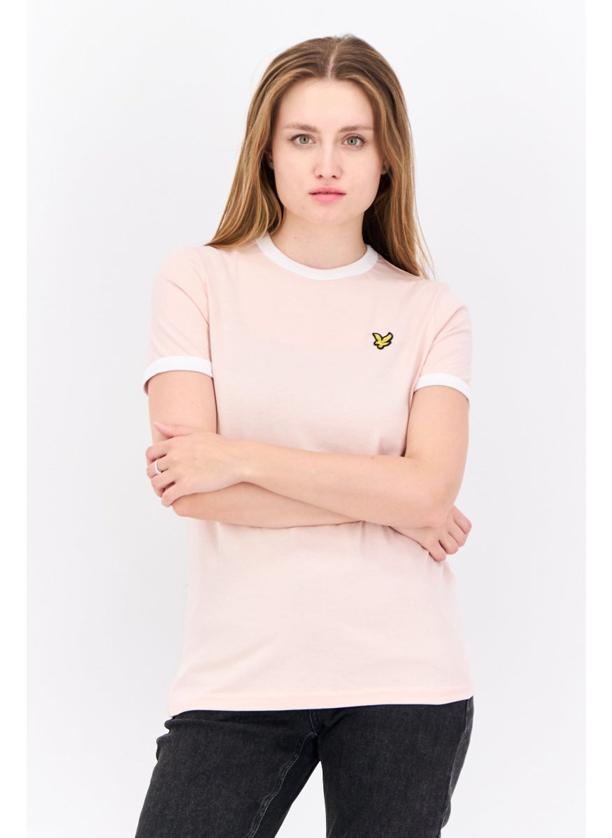 Women Crew Neck Short Sleeves Embroidered Logo T-Shirt, Pink