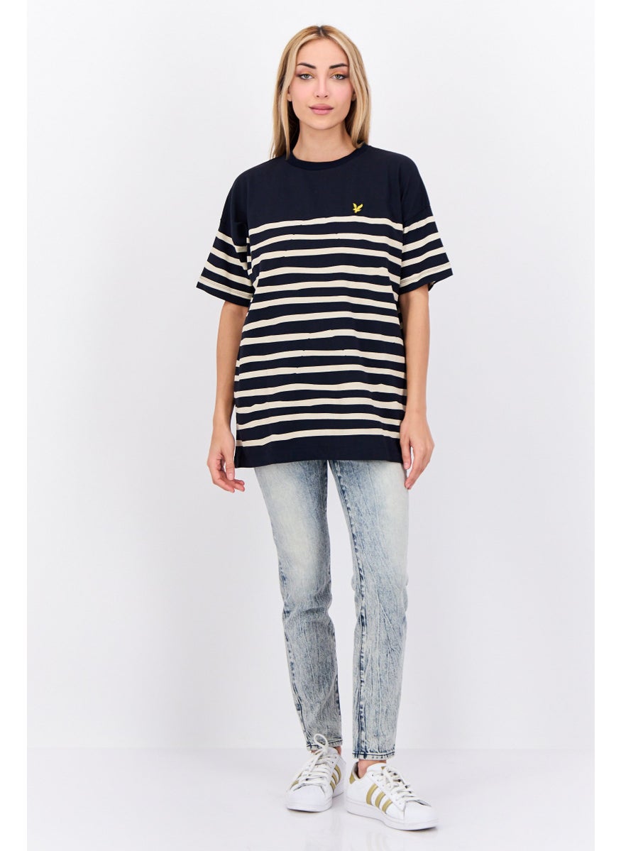 Women Crew Neck Short Sleeves Embroidered Logo T-Shirt, Navy