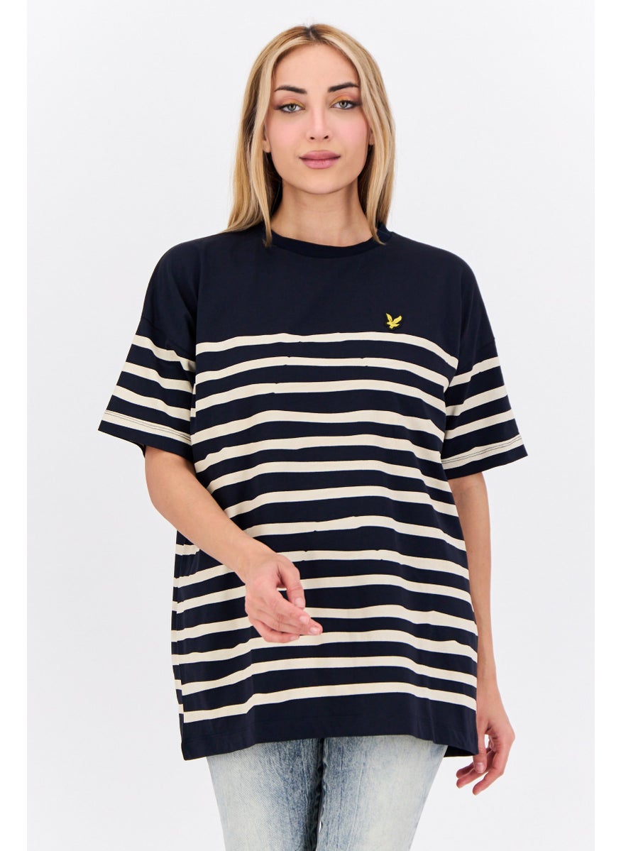 Women Crew Neck Short Sleeves Embroidered Logo T-Shirt, Navy