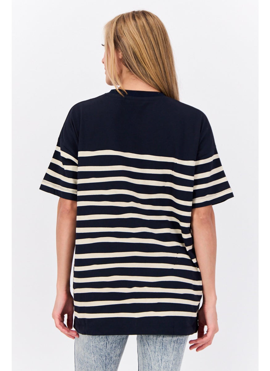 Women Crew Neck Short Sleeves Embroidered Logo T-Shirt, Navy
