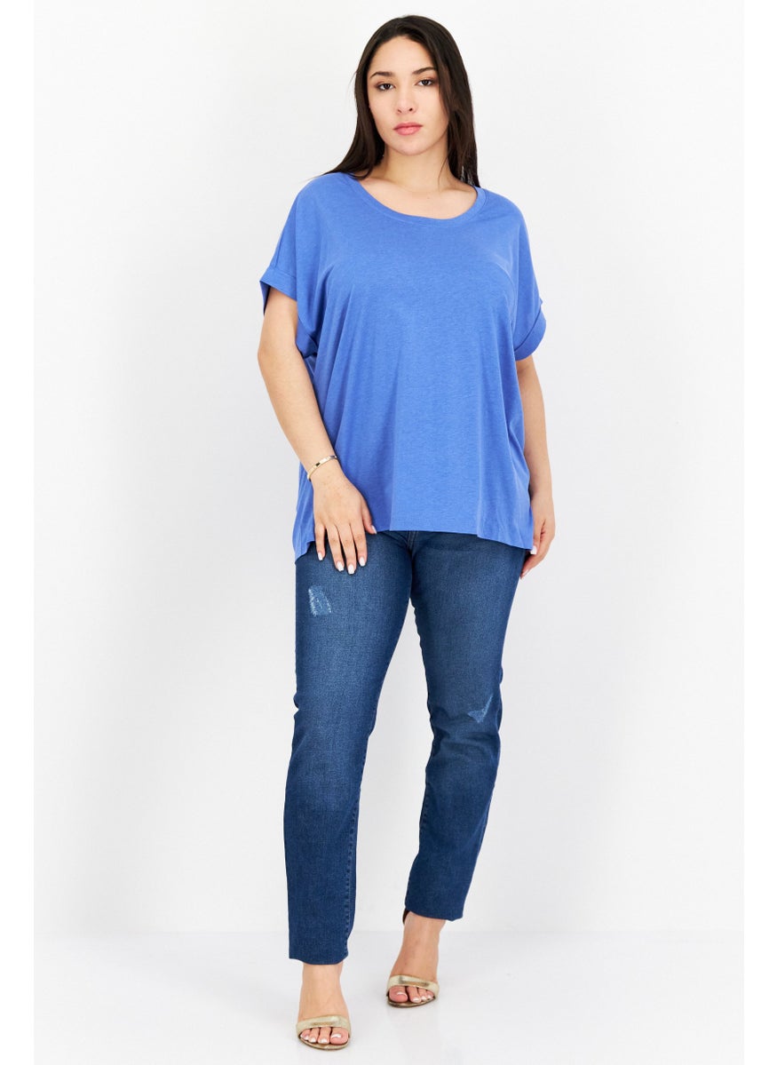 Women Crew Neck Short Sleeve Plain T Shirt, Blue