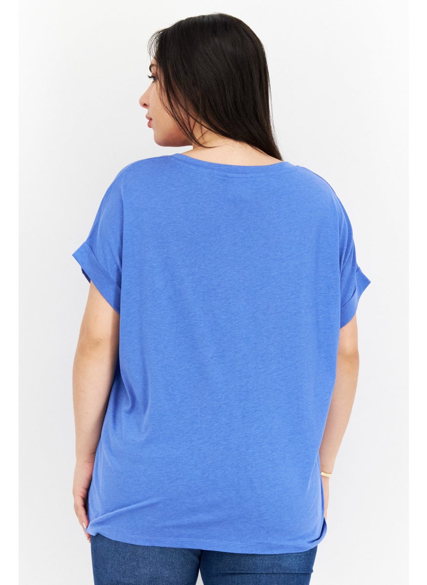 Women Crew Neck Short Sleeve Plain T Shirt, Blue