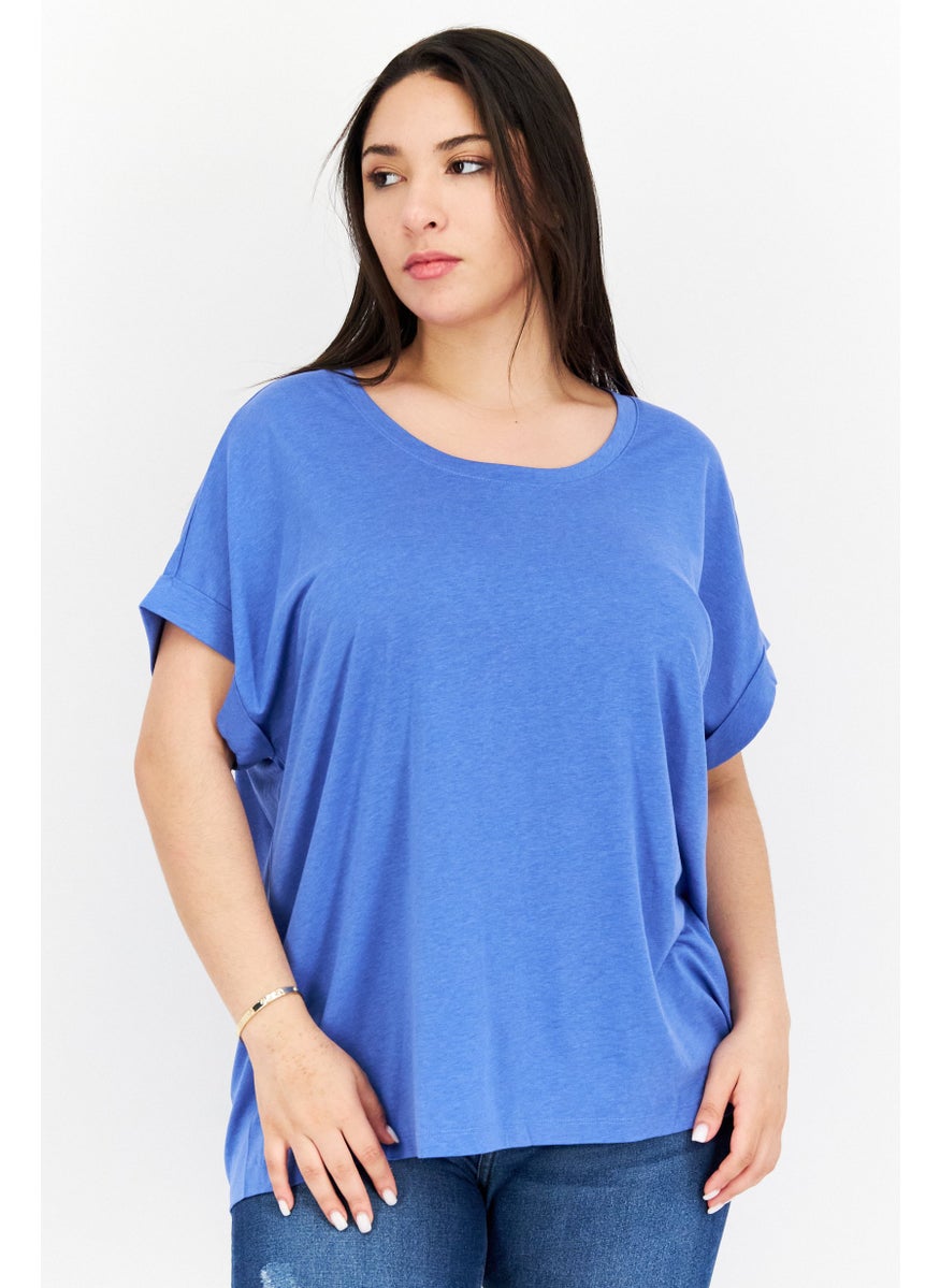 Women Crew Neck Short Sleeve Plain T Shirt, Blue