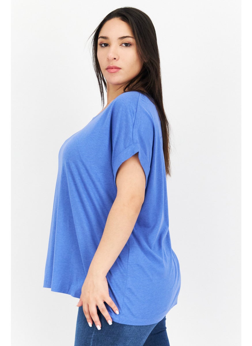 Women Crew Neck Short Sleeve Plain T Shirt, Blue