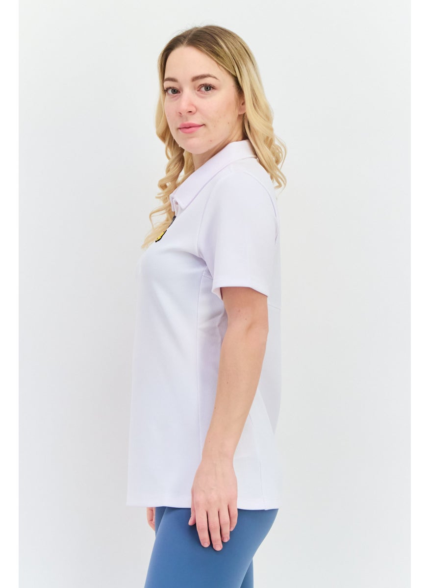 Women Spread Collar Short Sleeves Brand Logo Polo Shirt, White