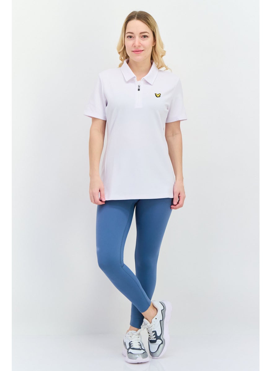 Women Spread Collar Short Sleeves Brand Logo Polo Shirt, White