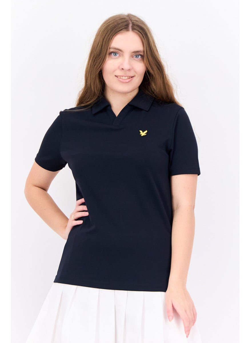 Women Regular Fit Embroidered Short Sleeve Polo Shirt, Black