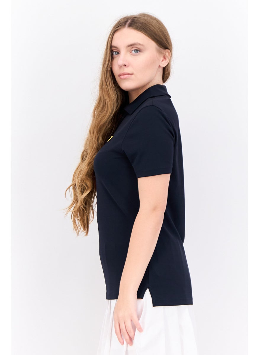 Women Regular Fit Embroidered Short Sleeve Polo Shirt, Black
