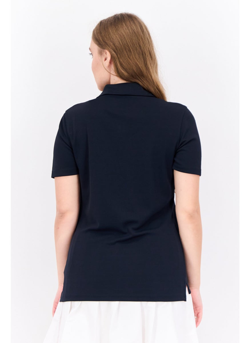 Women Regular Fit Embroidered Short Sleeve Polo Shirt, Black