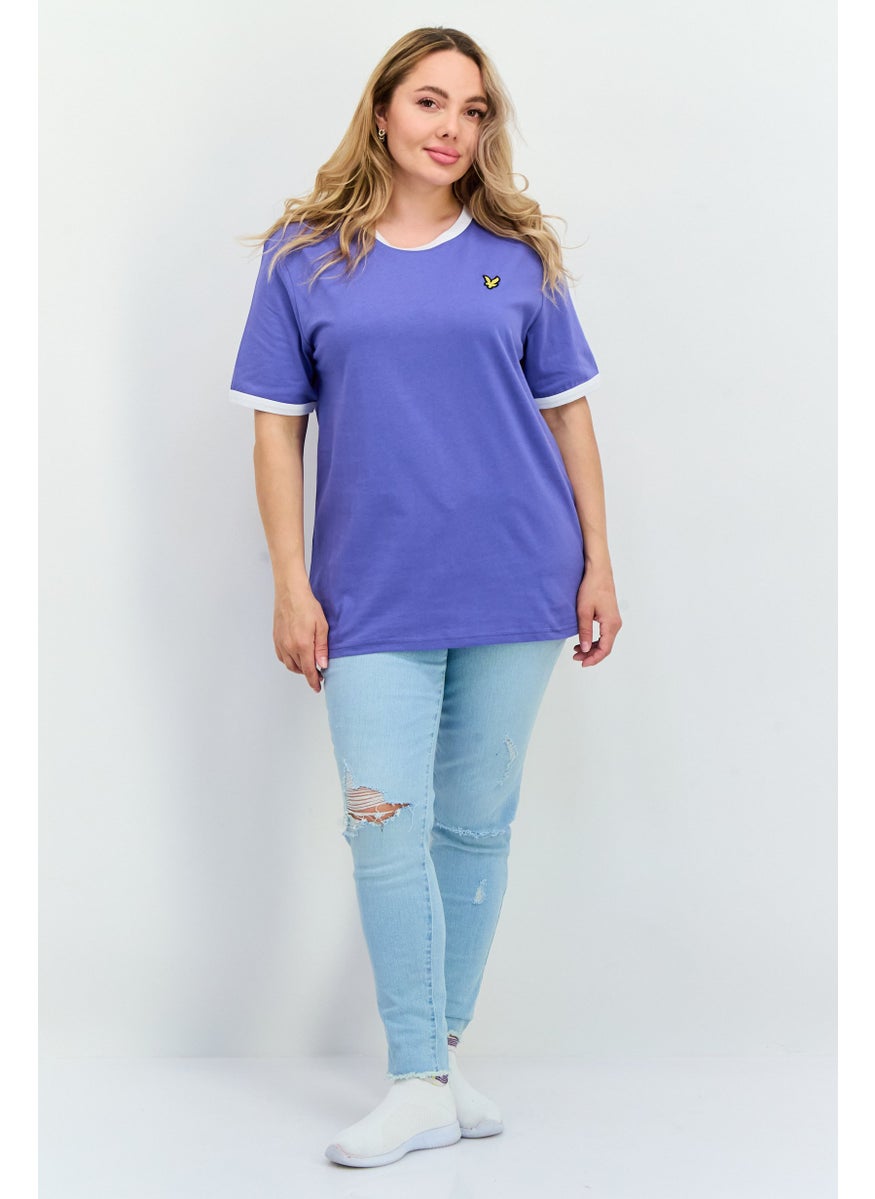 Women Crew Neck Short Sleeves Brand Logo T-Shirt, Faded Cobalt
