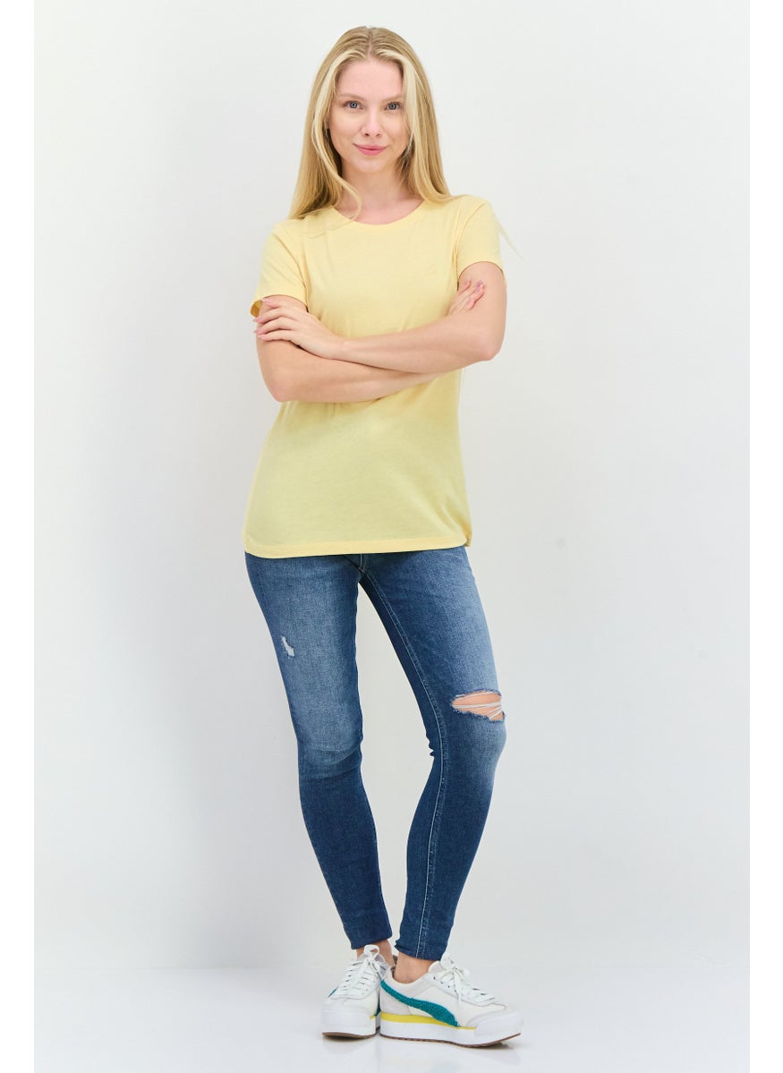 Women Crew Neck Short Sleeve Solid T-Shirt, Yellow