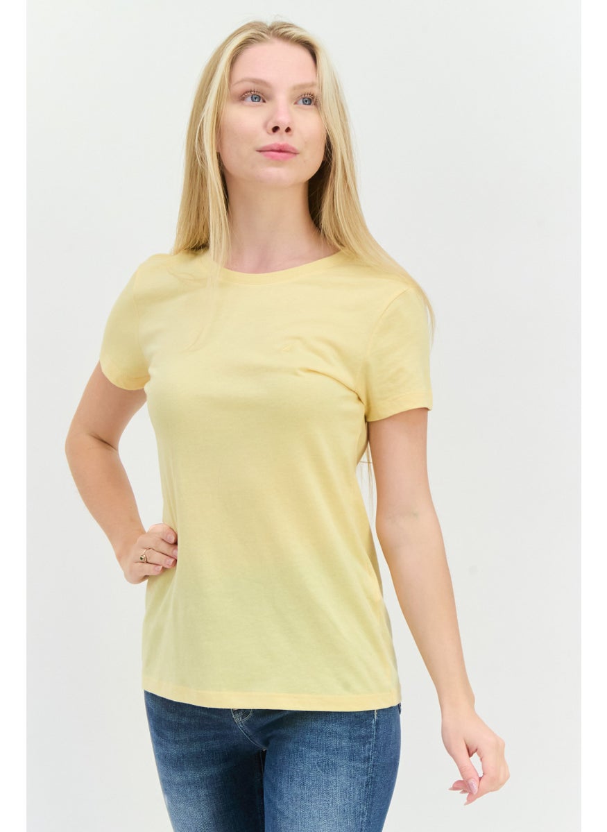 Women Crew Neck Short Sleeve Solid T-Shirt, Yellow