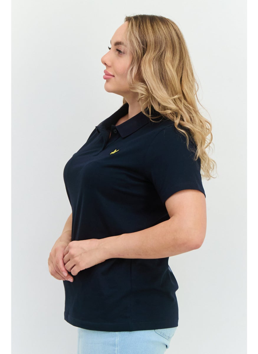 Women Spread Collar Short Sleeves Embroidered Logo Polo Shirt, Navy
