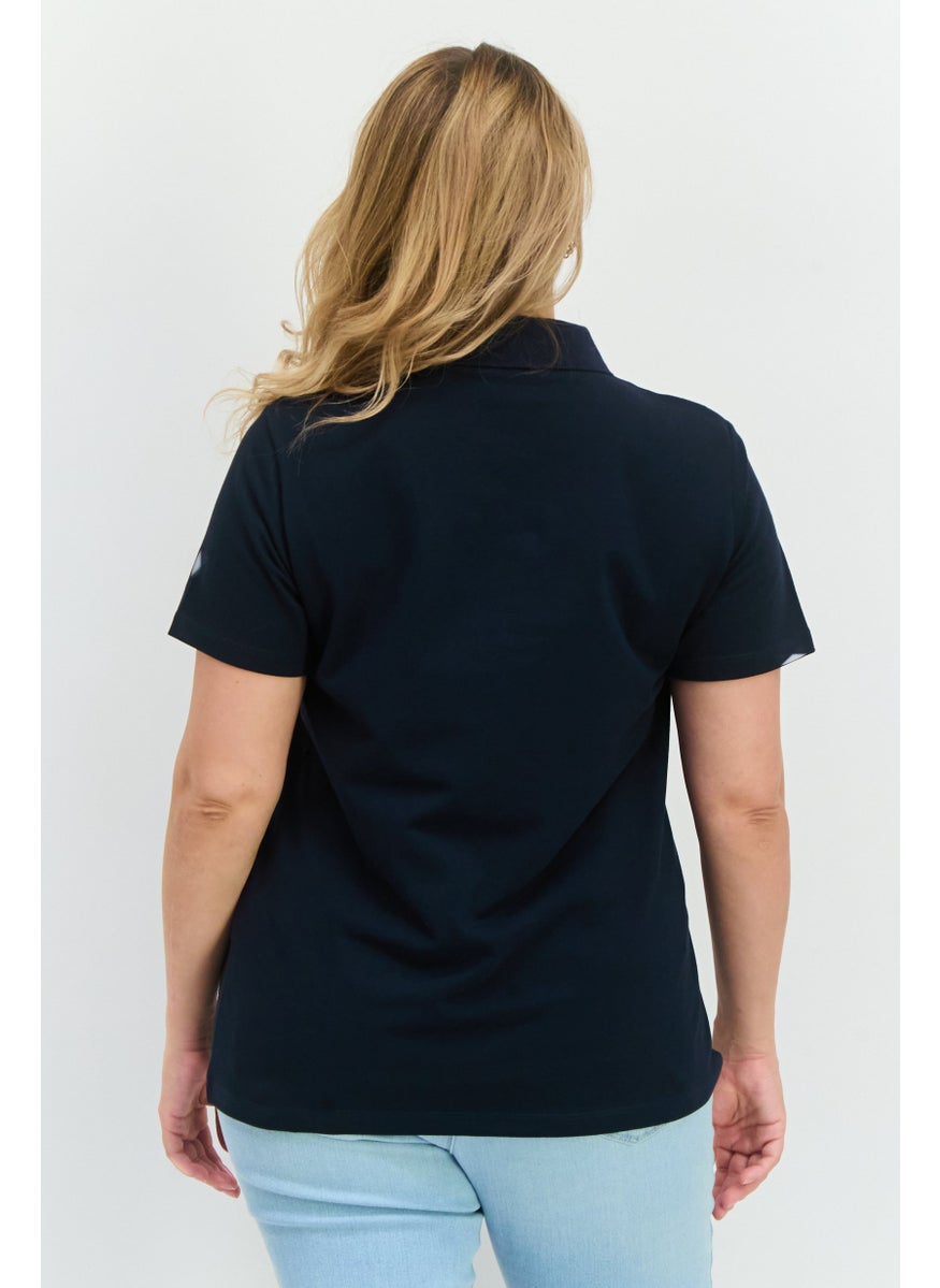 Women Spread Collar Short Sleeves Embroidered Logo Polo Shirt, Navy