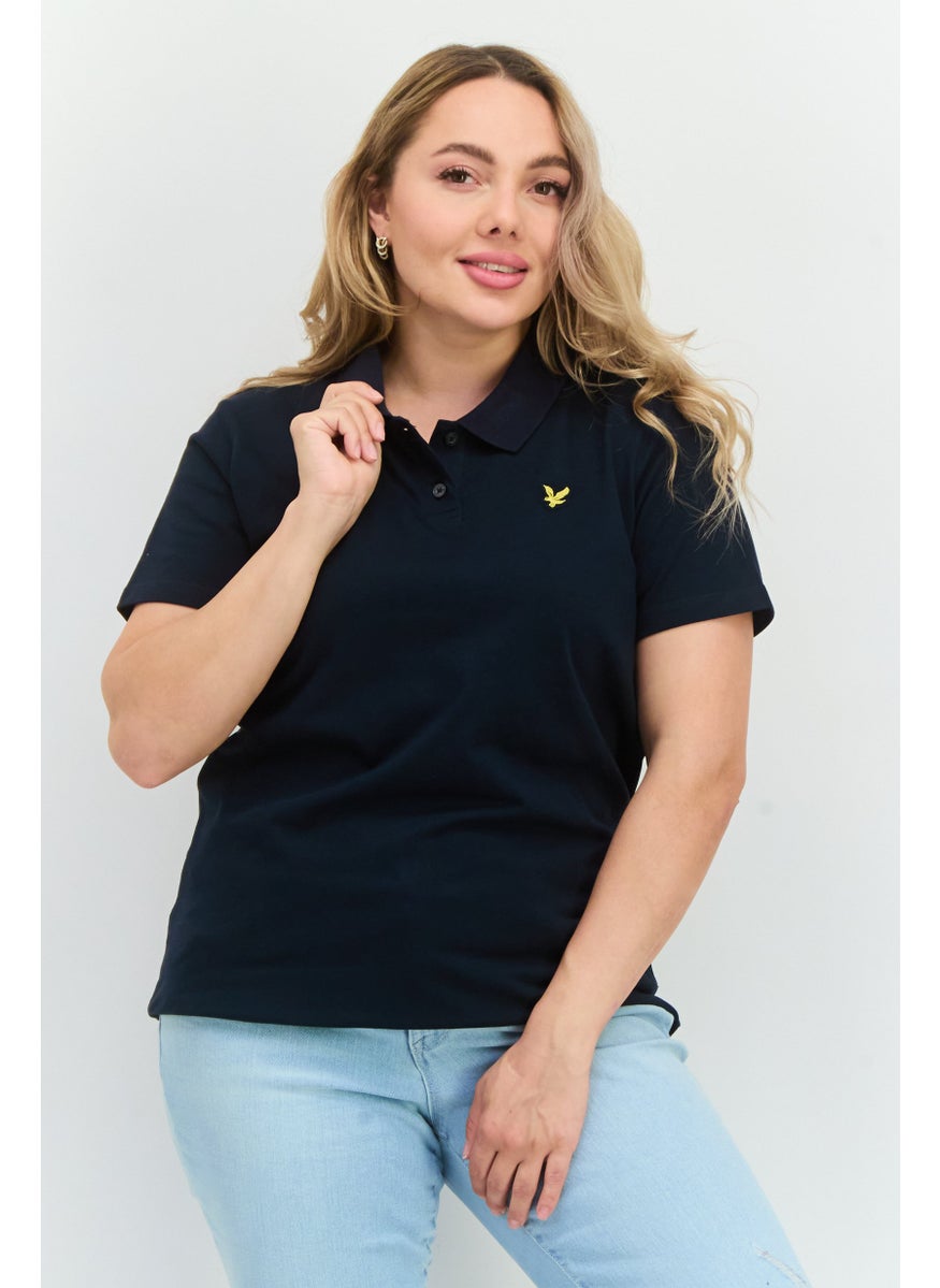 Women Spread Collar Short Sleeves Embroidered Logo Polo Shirt, Navy