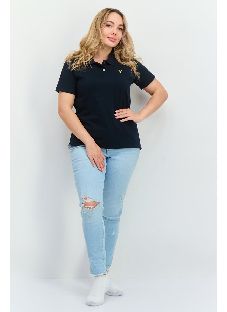 Women Spread Collar Short Sleeves Embroidered Logo Polo Shirt, Navy