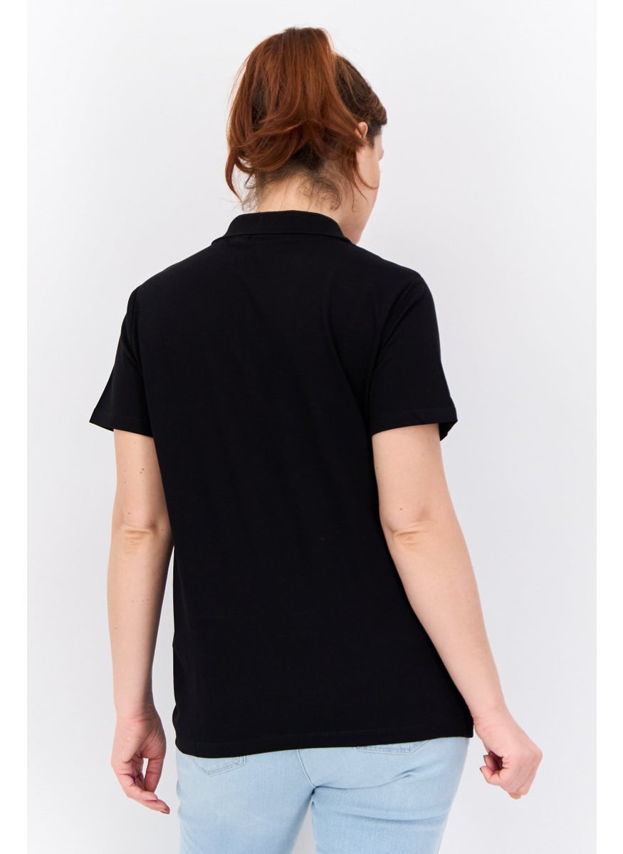 Women Spread Collar Short Sleeves Brand Logo Polo Shirt, Black