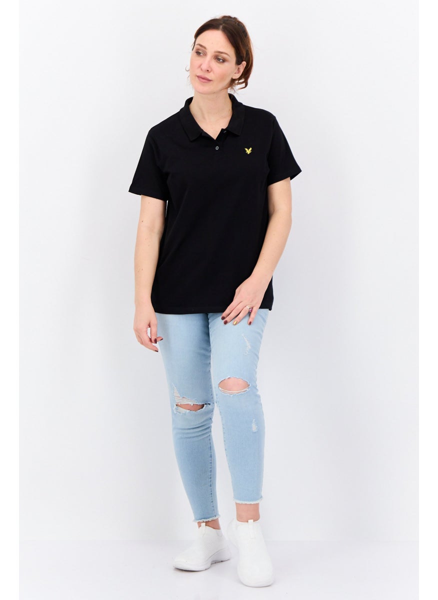 Women Spread Collar Short Sleeves Brand Logo Polo Shirt, Black