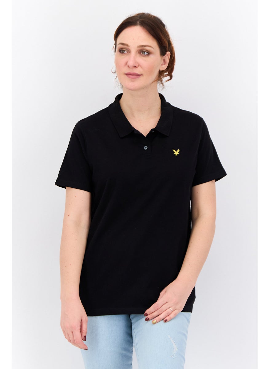Women Spread Collar Short Sleeves Brand Logo Polo Shirt, Black