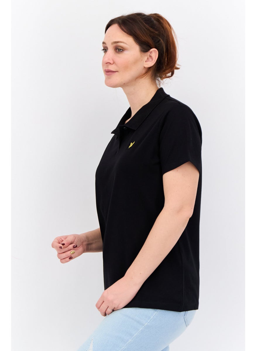 Women Spread Collar Short Sleeves Brand Logo Polo Shirt, Black
