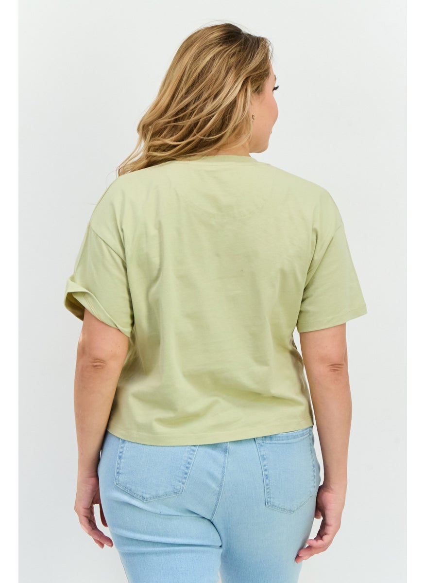 Women Crew Neck Short Sleeves Brand Logo Cropped T-Shirt, Sage Green