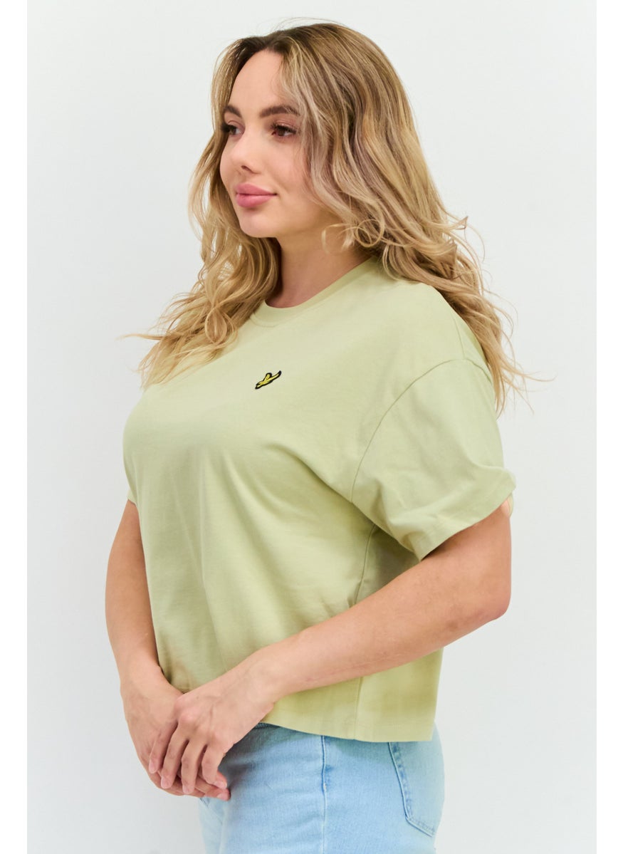Women Crew Neck Short Sleeves Brand Logo Cropped T-Shirt, Sage Green